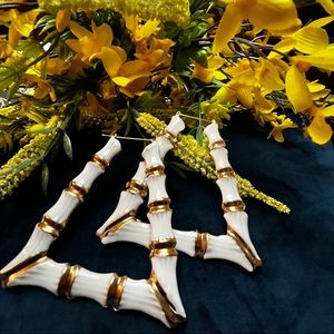 Big Bamboo Style Metal Earrings! White and Gold!